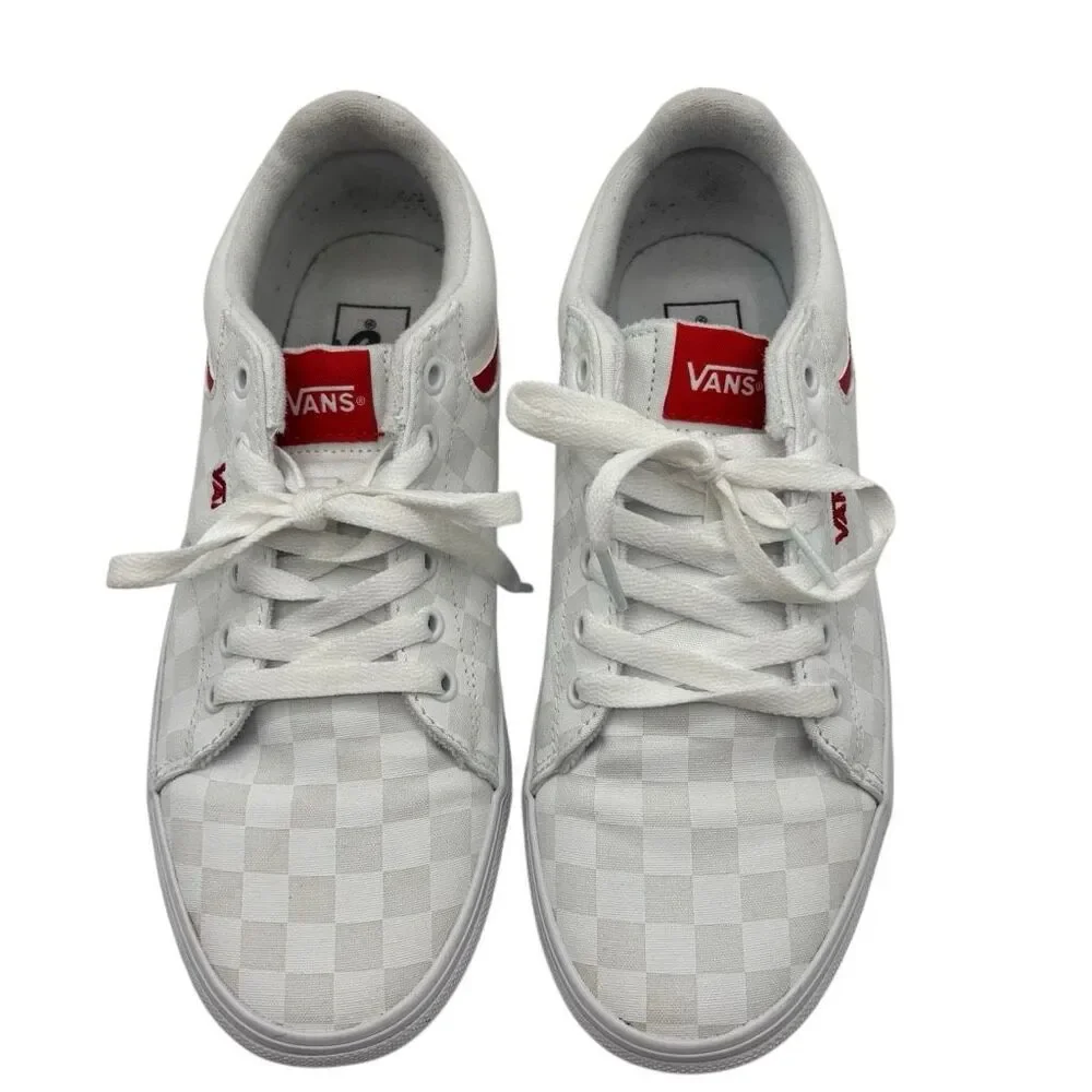 Vans Ward Low Top Sneakers White Checkerboard Red Logo Lace Up Skate Shoes W-9.5